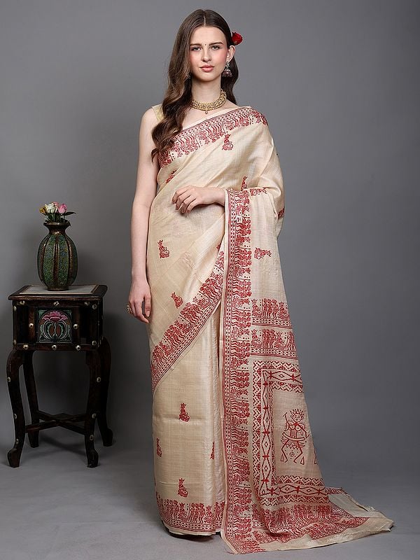 exotic india Alabaster-Gleam Kosa Tussar Silk Saree from Bengal with Hand-Block Printed Folk Tribal Musician Figures 