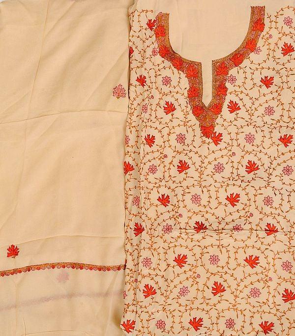 exotic india Alabaster-Gleam Salwar Kameez Fabric from Kashmir with Sozni Hand-Embroidered Maple Leaves 