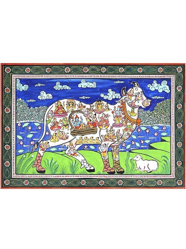 exotic india All Gods and Goddesses Inside The Cow | Kamadhenu | Pattachitra Painting 