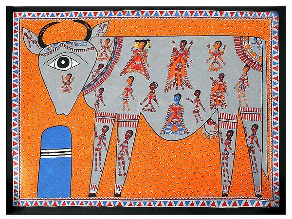 exotic india All Gods Live Inside Goddess Kamdhenu Madhubani Painting