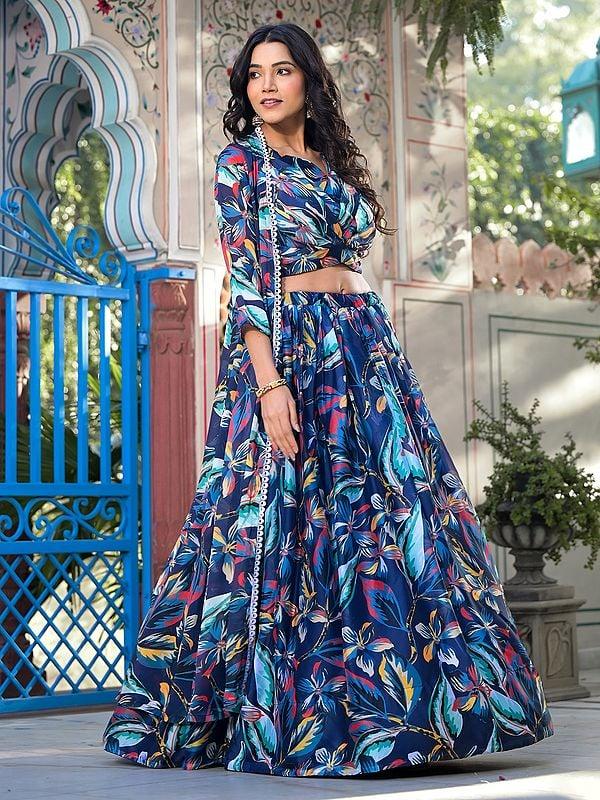 Exotic India All Over Floral Digital Print Georgette Party Wear Lehenga Choli With Matching Shrug