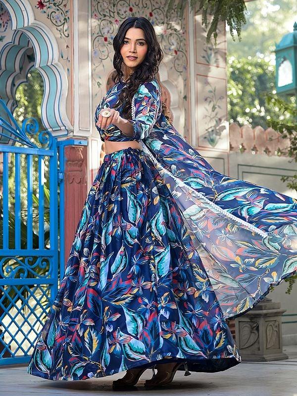 Exotic India All Over Floral Digital Print Georgette Party Wear Lehenga Choli With Matching Shrug