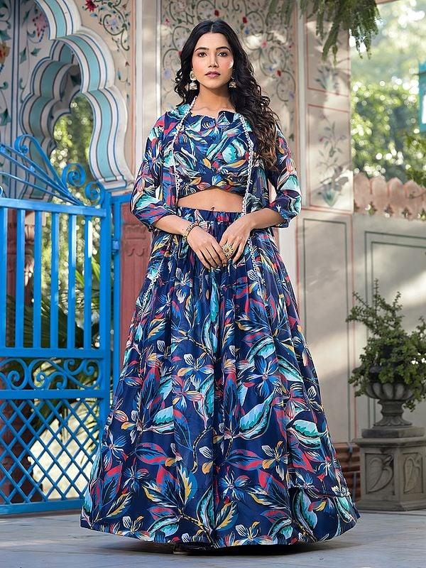 exotic india All Over Floral Digital Print Georgette Party Wear Lehenga Choli With Matching Shrug 