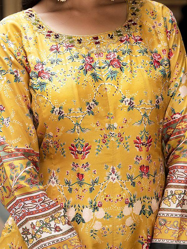 Exotic India All Over Floral Digital Print Work Attractive Festive Wear Long Dola Silk Gown With Matching Dupatta 