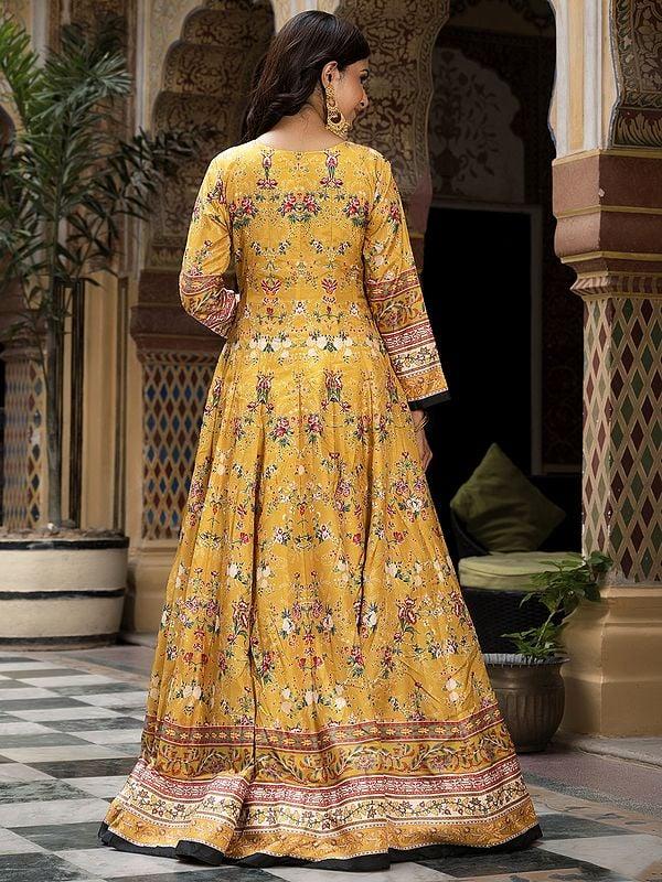 Exotic India All Over Floral Digital Print Work Attractive Festive Wear Long Dola Silk Gown With Matching Dupatta 
