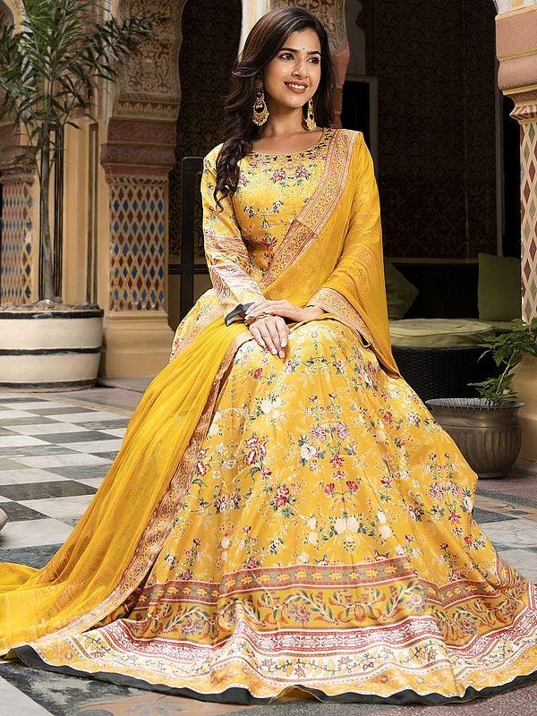 Exotic India All Over Floral Digital Print Work Attractive Festive Wear Long Dola Silk Gown With Matching Dupatta 