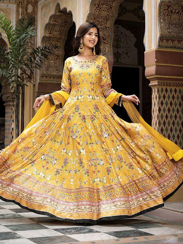 exotic india All Over Floral Digital Print Work Attractive Festive Wear Long Dola Silk Gown With Matching Dupatta 
