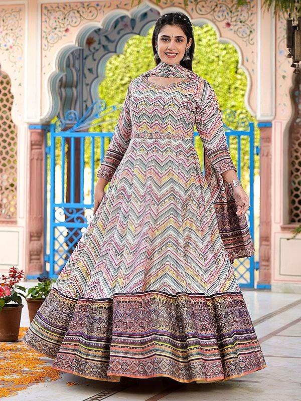 Exotic India All Over Zig-Zag Pattern Printed Elegant Dola Silk Wedding Wear Anarkali Gown With Soft Chinon Dupatta