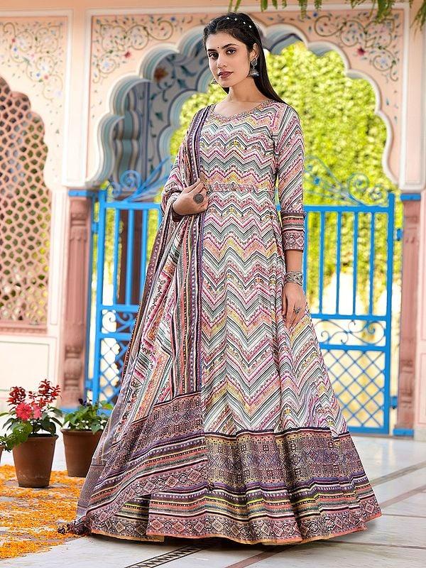 Exotic India All Over Zig-Zag Pattern Printed Elegant Dola Silk Wedding Wear Anarkali Gown With Soft Chinon Dupatta