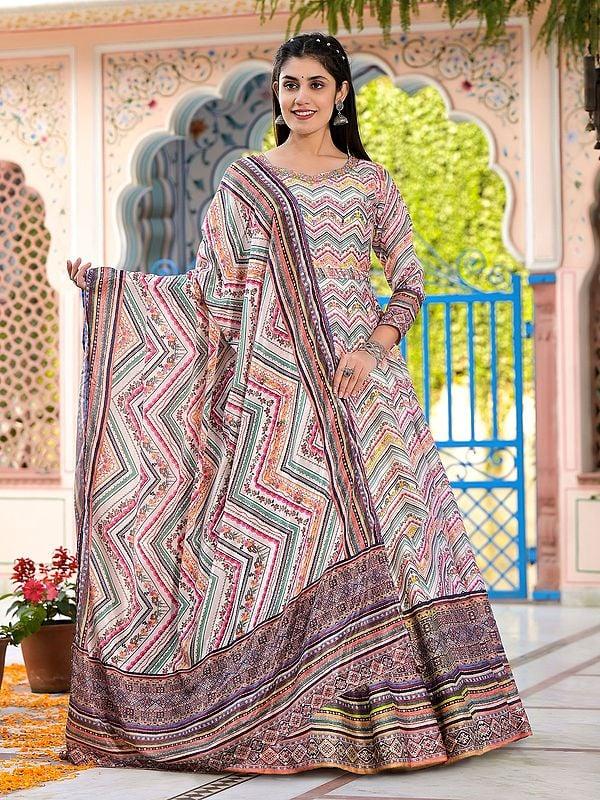 Exotic India All Over Zig-Zag Pattern Printed Elegant Dola Silk Wedding Wear Anarkali Gown With Soft Chinon Dupatta