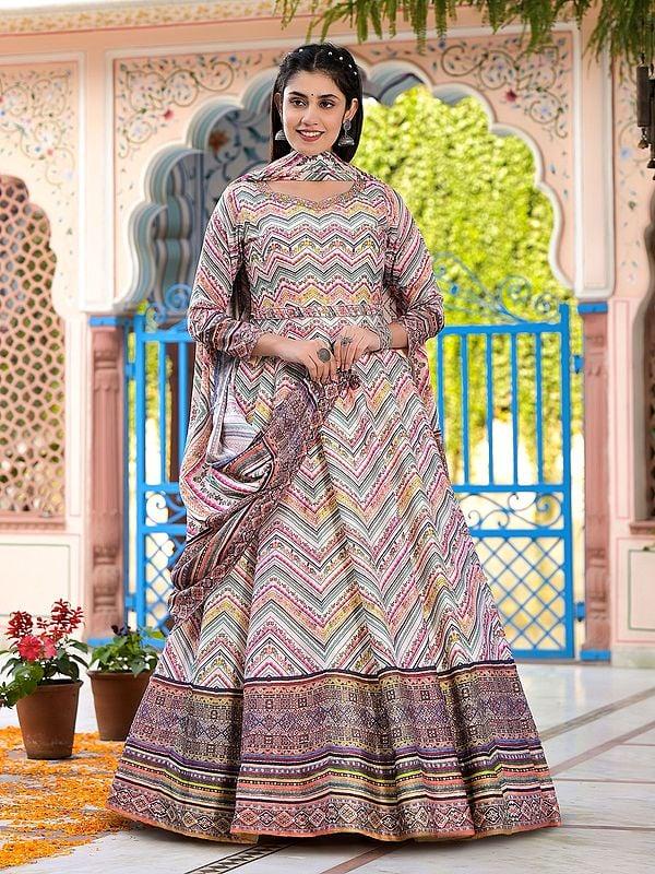 exotic india All Over Zig-Zag Pattern Printed Elegant Dola Silk Wedding Wear Anarkali Gown With Soft Chinon Dupatta