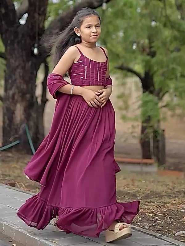 Exotic India All Season Designer Faux Gorgette Embroidery Thread With Sequance Work Lehenga Choli For Kids 