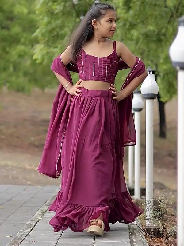 exotic india All Season Designer Faux Gorgette Embroidery Thread with Sequance Work Lehenga Choli for Kids 