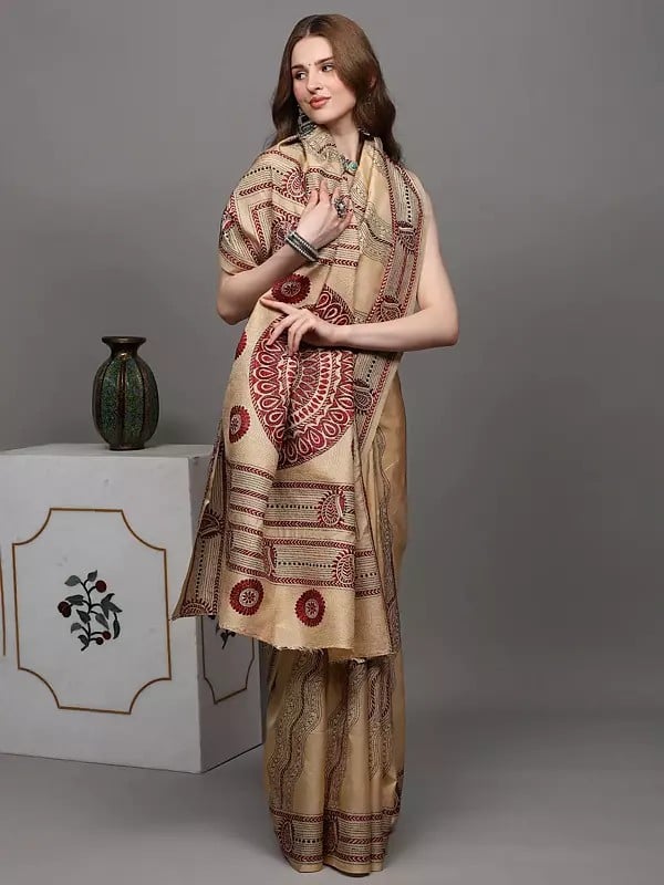 Exotic India Almond-Buff Saree From Kolkata With Kantha Hand-Embroidered Paisleys And Giant Mandala 