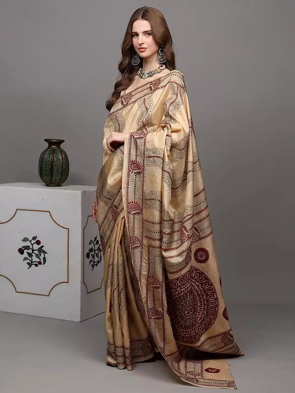 Exotic India Almond-Buff Saree From Kolkata With Kantha Hand-Embroidered Paisleys And Giant Mandala 