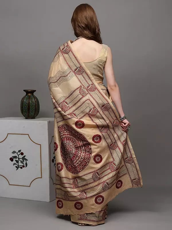 Exotic India Almond-Buff Saree From Kolkata With Kantha Hand-Embroidered Paisleys And Giant Mandala 