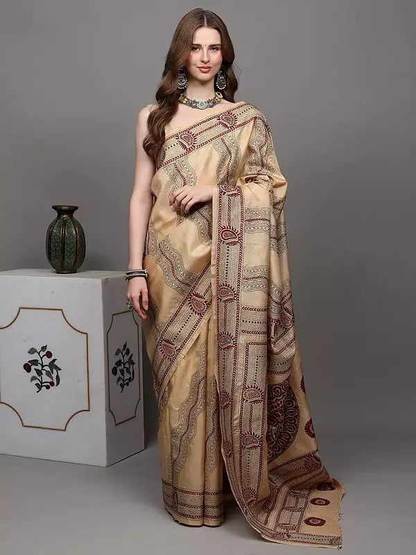 exotic india Almond-Buff Saree from Kolkata with Kantha Hand-Embroidered Paisleys and Giant Mandala 