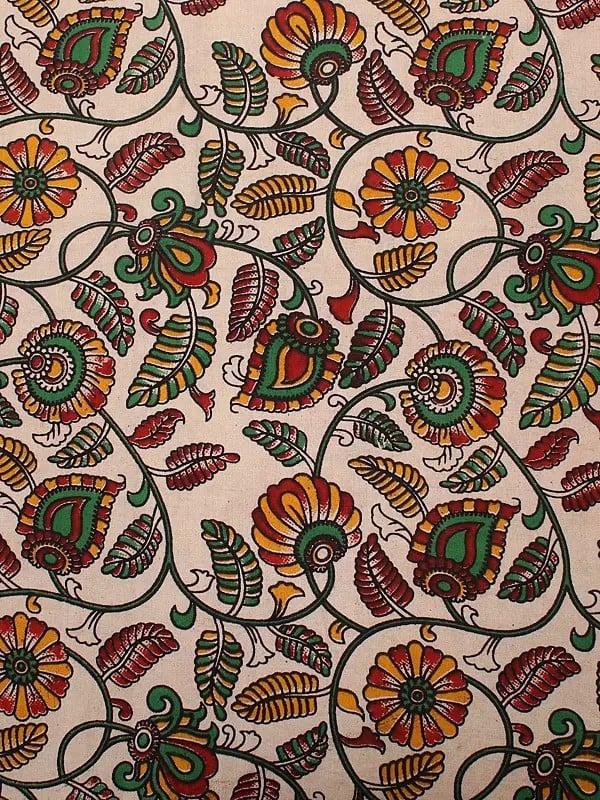 Exotic India Almond-Milk Pure Cotton Floral Jaal Pattern Blocked Kalamkari Printed Fabric 