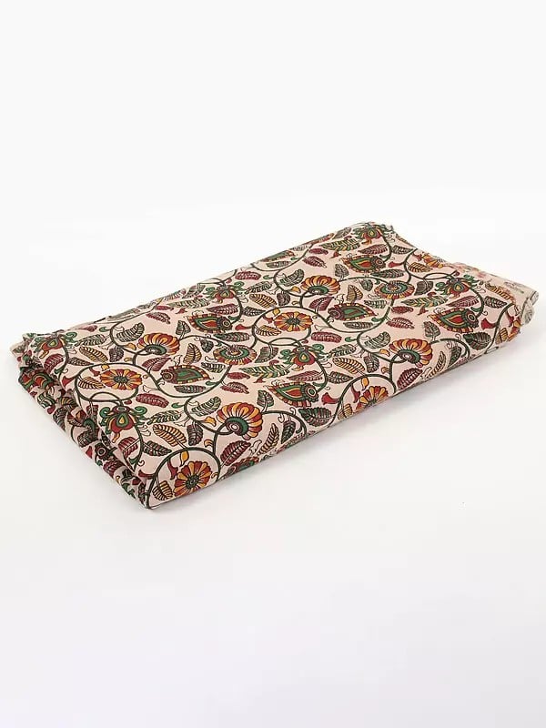 exotic india Almond-Milk Pure Cotton Floral Jaal Pattern Blocked Kalamkari Printed Fabric 