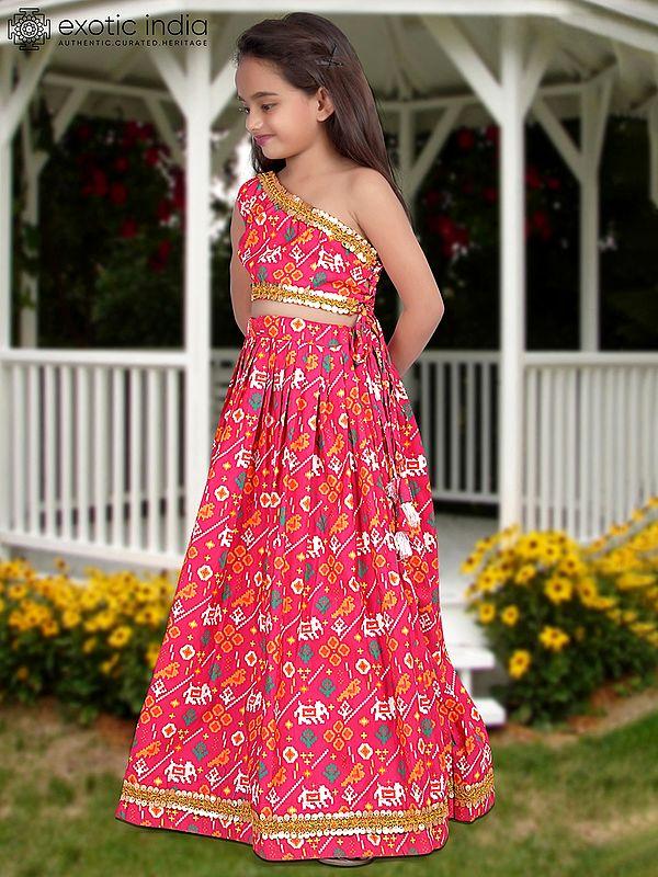 Exotic India Amaranth-Red Digital Printed Work Heavy Silk Kids Lehenga Choli With Dupatta 