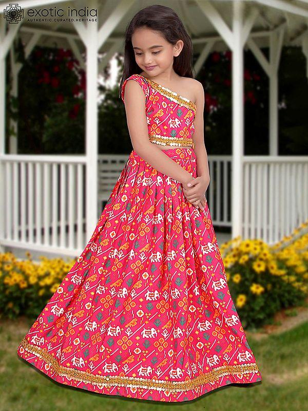 Exotic India Amaranth-Red Digital Printed Work Heavy Silk Kids Lehenga Choli With Dupatta 
