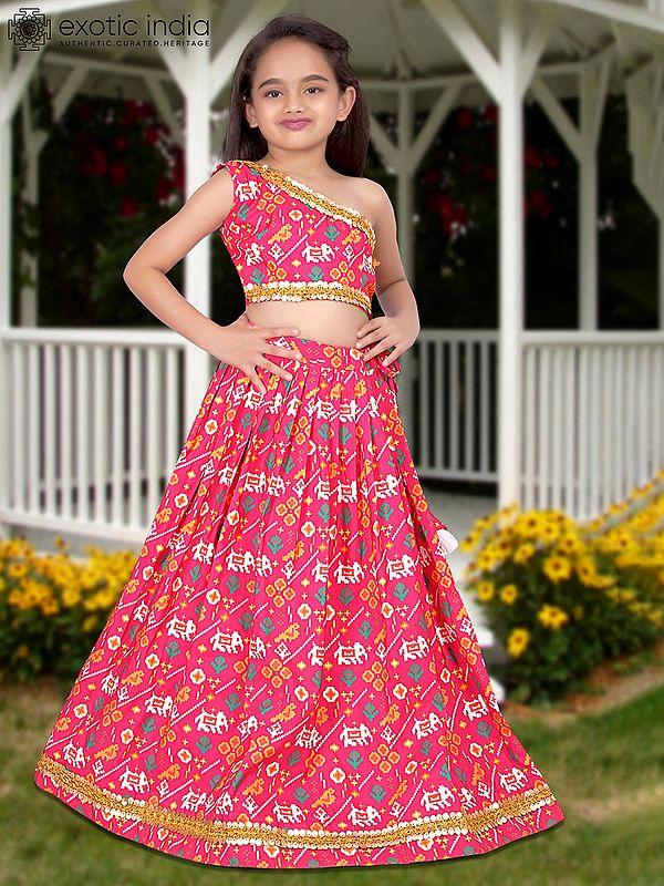 Exotic India Amaranth-Red Digital Printed Work Heavy Silk Kids Lehenga Choli With Dupatta 