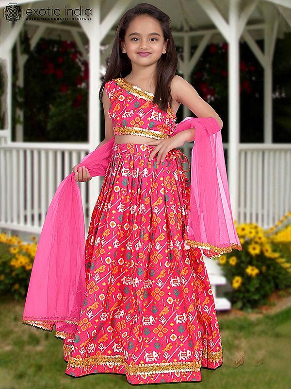 exotic india Amaranth-Red Digital Printed Work Heavy Silk Kids Lehenga Choli With Dupatta 