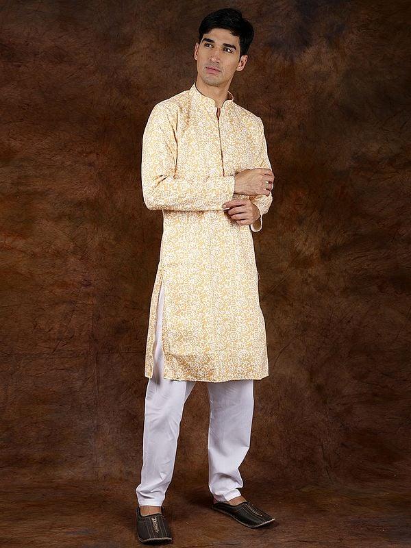 Exotic India Amber-Yellow Block-Printed Kurta Pajama With Embroidered Sequins 