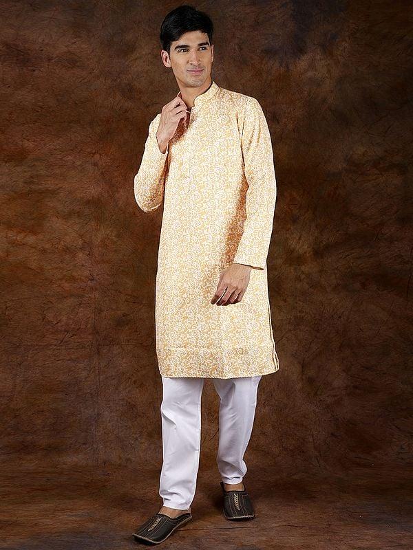 Exotic India Amber-Yellow Block-Printed Kurta Pajama With Embroidered Sequins 