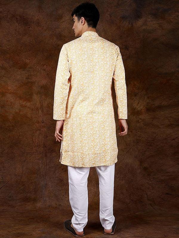 Exotic India Amber-Yellow Block-Printed Kurta Pajama With Embroidered Sequins 
