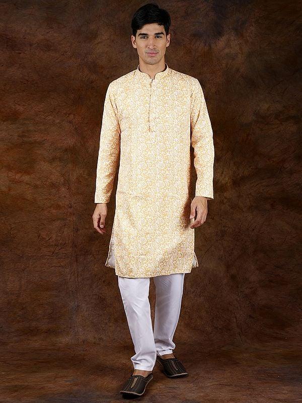 exotic india Amber-Yellow Block-Printed Kurta Pajama with Embroidered Sequins 