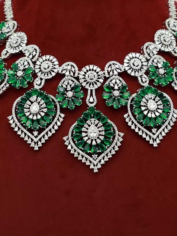 Exotic India American Diamond Stone Studded Stunning Floral Design Necklace Set With Earrings