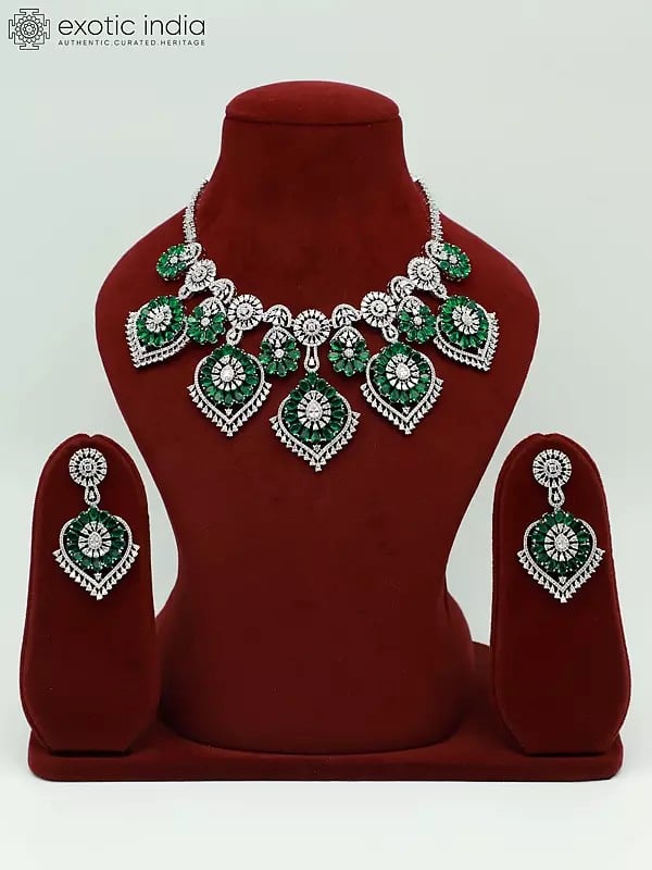 exotic india American Diamond Stone Studded Stunning Floral Design Necklace Set With Earrings 