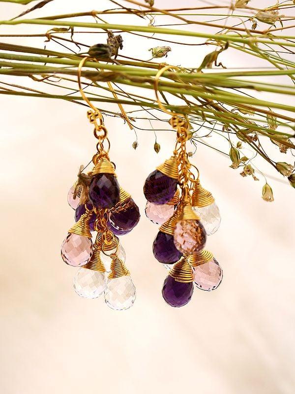 Exotic India Amethyst And Crystal Briolette Bunch Dangler Earrings 