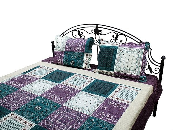 Exotic India Amethyst Kalamkari Reversible Quilt And Pillow Covers From Jodhpur 