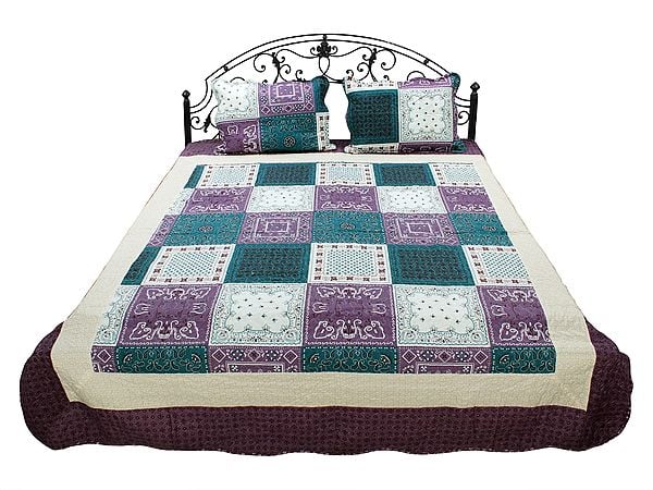 exotic india Amethyst Kalamkari Reversible Quilt and Pillow Covers from Jodhpur 