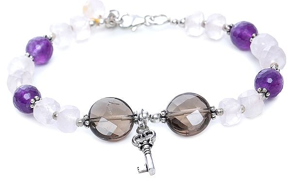 Exotic India Amethyst Rose-Quartz And Smoky-Quartz Bracelet With Sterling Silver Beads