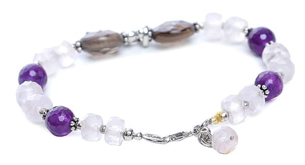 Exotic India Amethyst Rose-Quartz And Smoky-Quartz Bracelet With Sterling Silver Beads