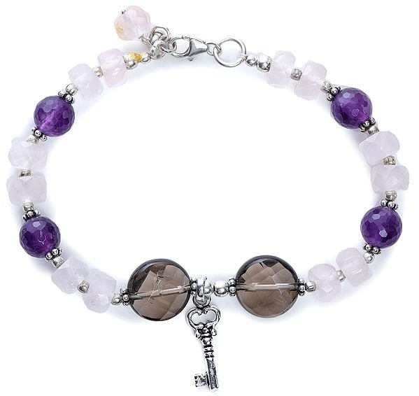 exotic india Amethyst Rose-Quartz and Smoky-Quartz Bracelet with Sterling Silver Beads 