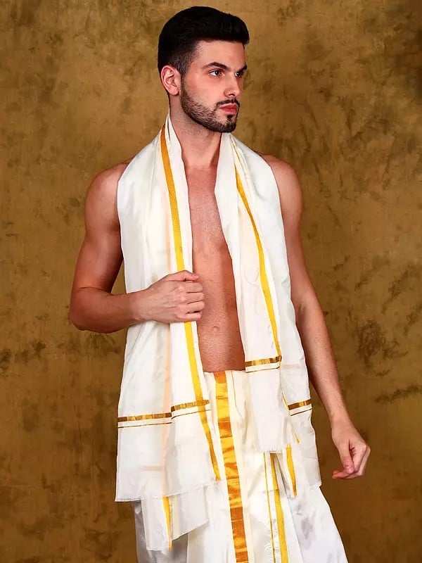 exotic india Angavastram from Kumbakonam with Zari Woven Golden Border 