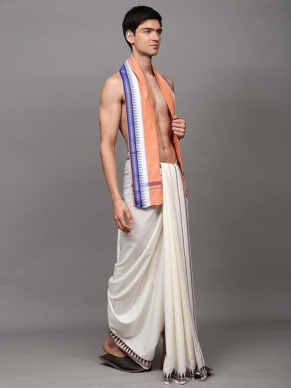 Exotic India Angavastram From Sambhalpur With Thread Woven Temple & Rudraksha Border 