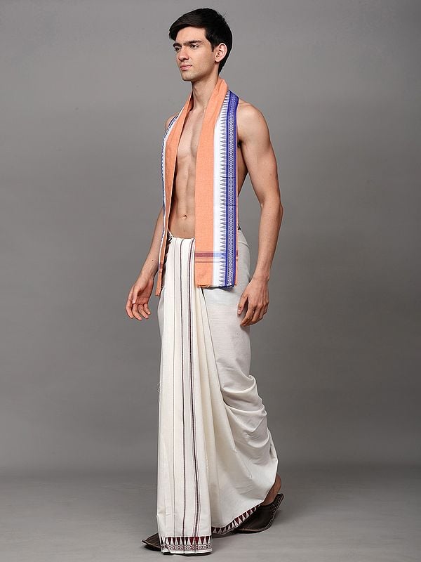 Exotic India Angavastram From Sambhalpur With Thread Woven Temple & Rudraksha Border 