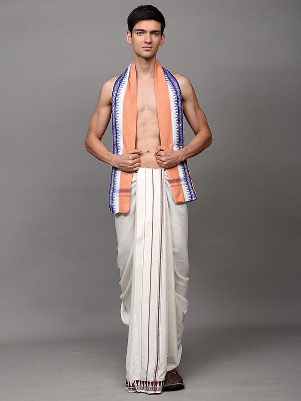 exotic india Angavastram from Sambhalpur with Thread Woven Temple & Rudraksha Border 