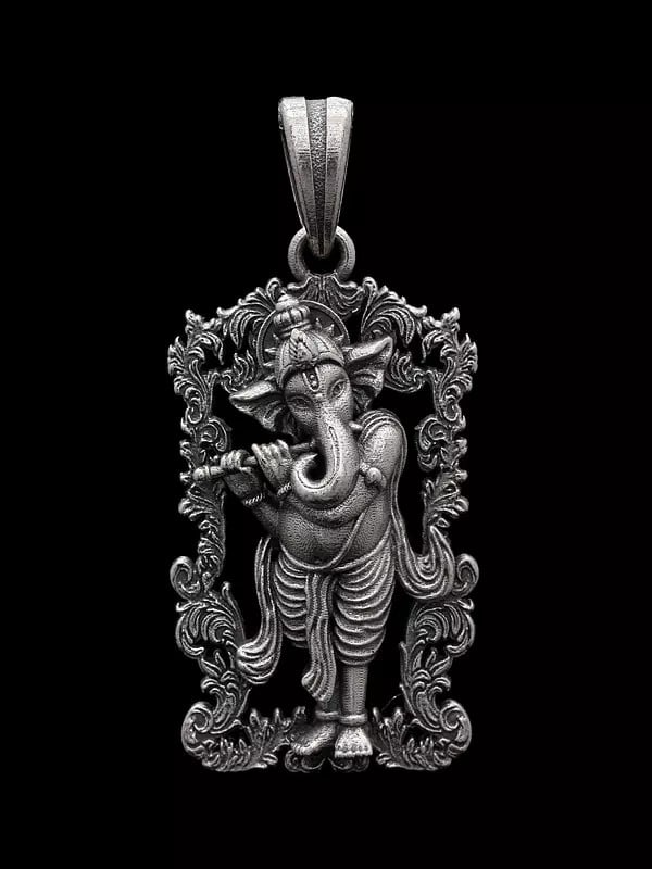 exotic india Antique Finish Fluting Ganesha Pendant 