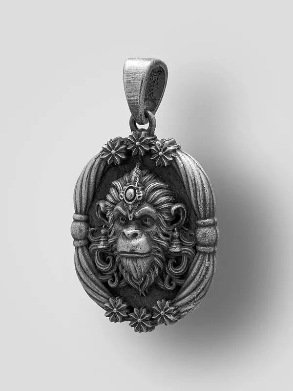 Exotic India Antique Finish Lord Hanuman Face Sterling Silver Pendant 