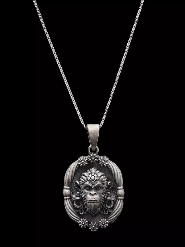 Exotic India Antique Finish Lord Hanuman Face Sterling Silver Pendant 
