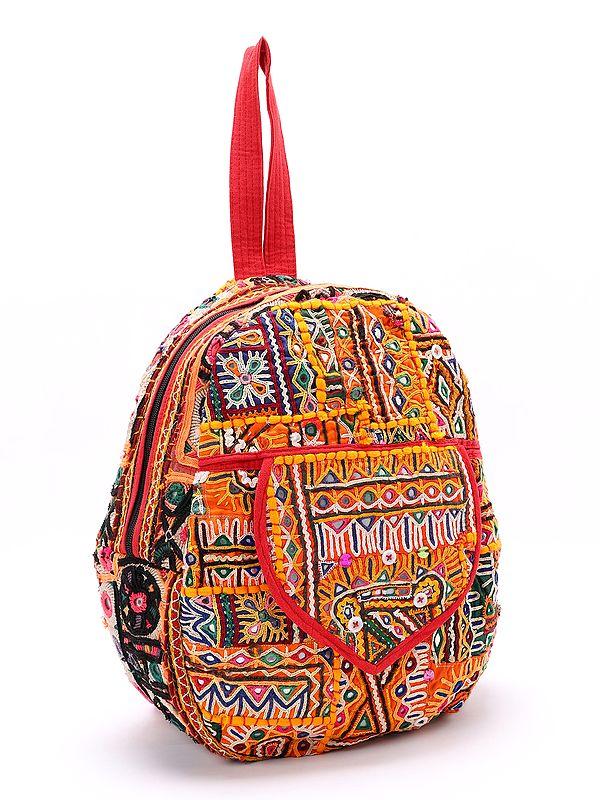 Exotic India Antique Rabari Embroidered Backpack With Mirror Work From Kutch 