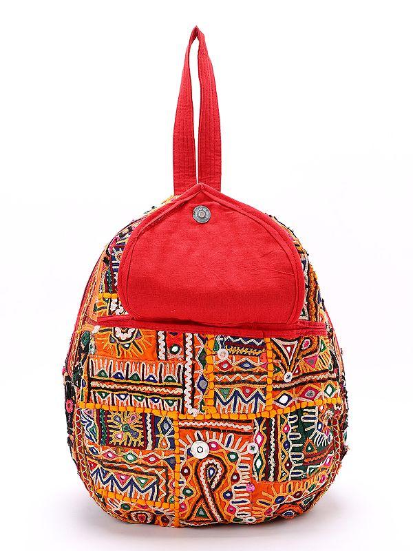 Exotic India Antique Rabari Embroidered Backpack With Mirror Work From Kutch 