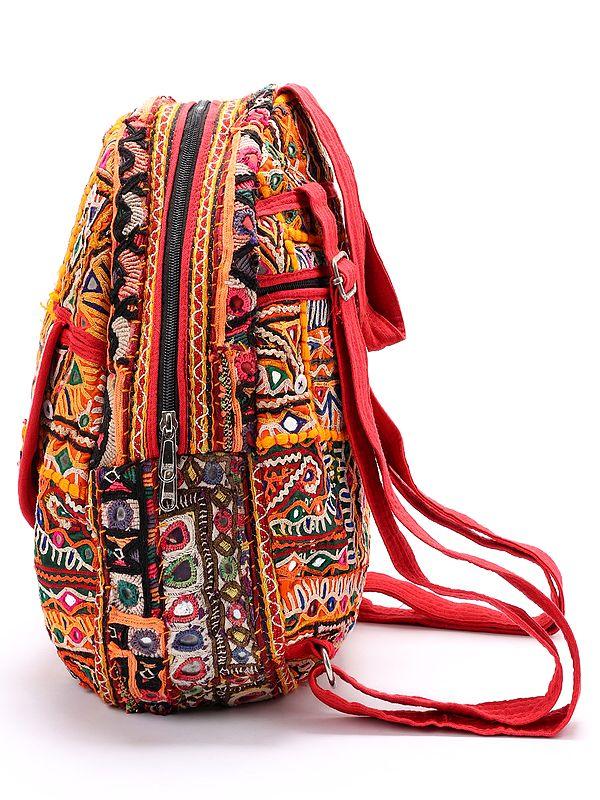 Exotic India Antique Rabari Embroidered Backpack With Mirror Work From Kutch 