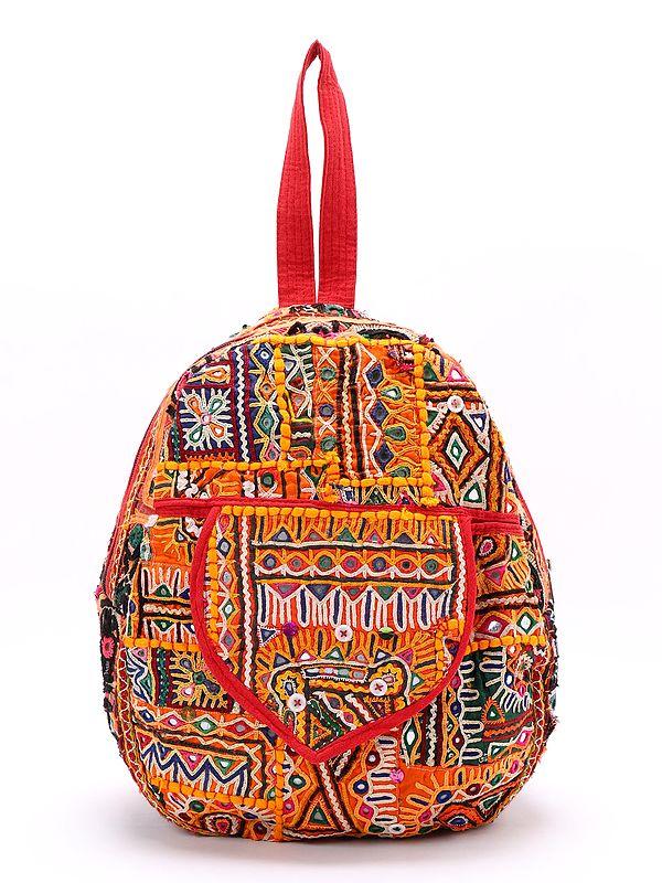exotic india Antique Rabari Embroidered Backpack with Mirror Work from Kutch 